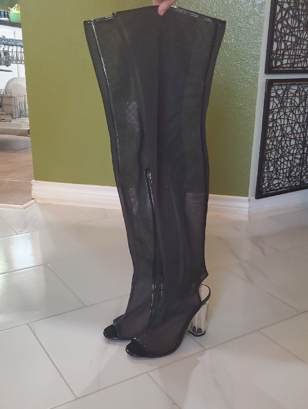 Women’s Black Mesh Peep-Toe Heeled Thigh High Boots